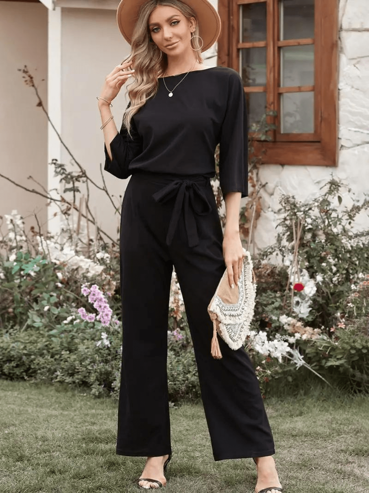 Dames Jumpsuit Met Strikceintuur Wijde Benen En ¾ Mouwen - Harlett