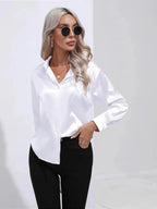 Dames Losse Satijnen Blouse met Lange Mouwen - Harlett