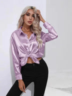 Dames Losse Satijnen Blouse met Lange Mouwen - Harlett