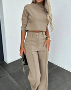 Dames Tweedelig Set Hoge Taille Wide Leg Pantalon en Cropped Top - Harlett