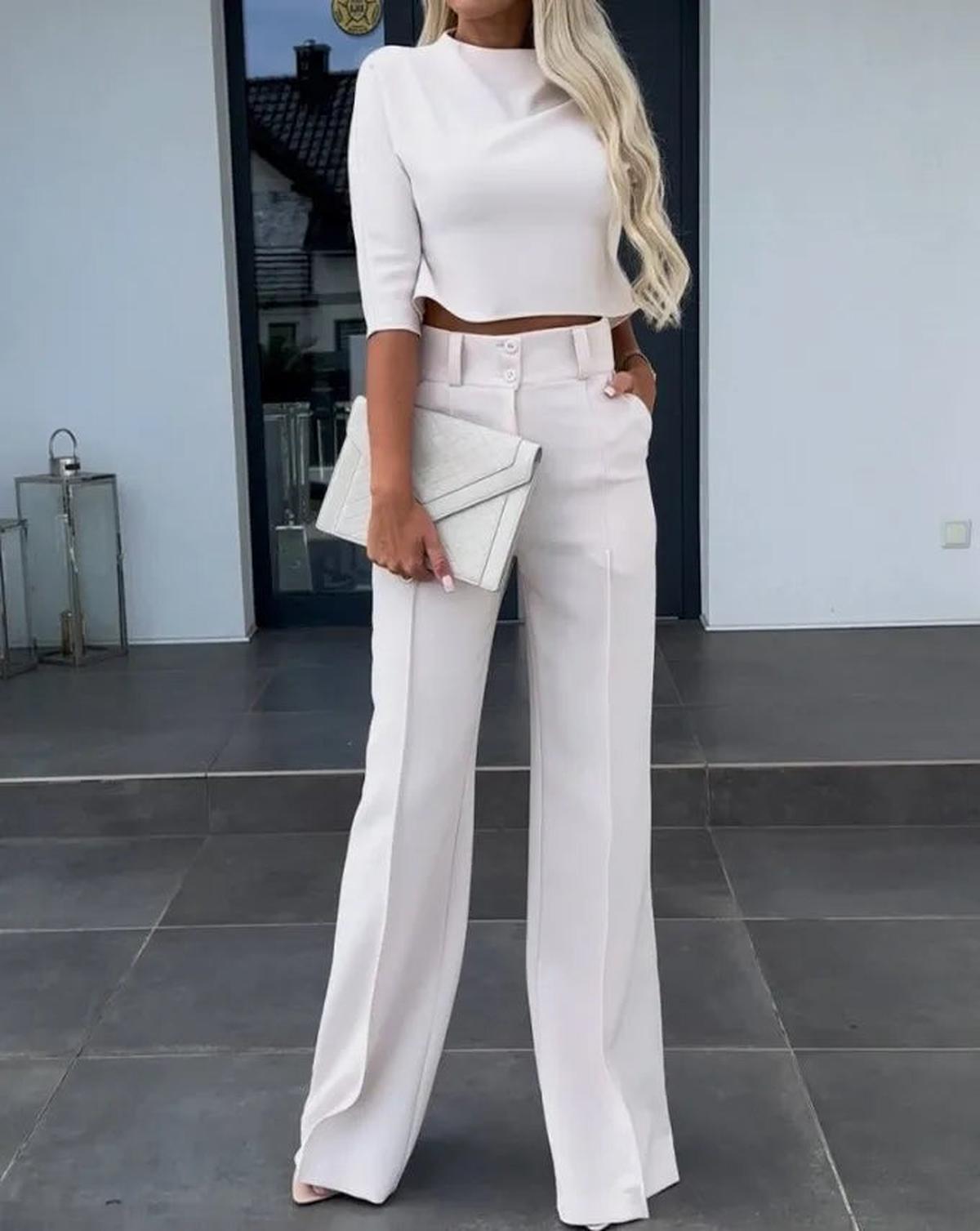 Dames Tweedelig Set Hoge Taille Wide Leg Pantalon en Cropped Top - Harlett