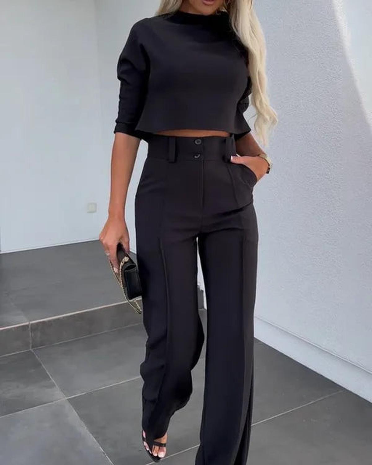 Dames Tweedelig Set Hoge Taille Wide Leg Pantalon en Cropped Top - Harlett