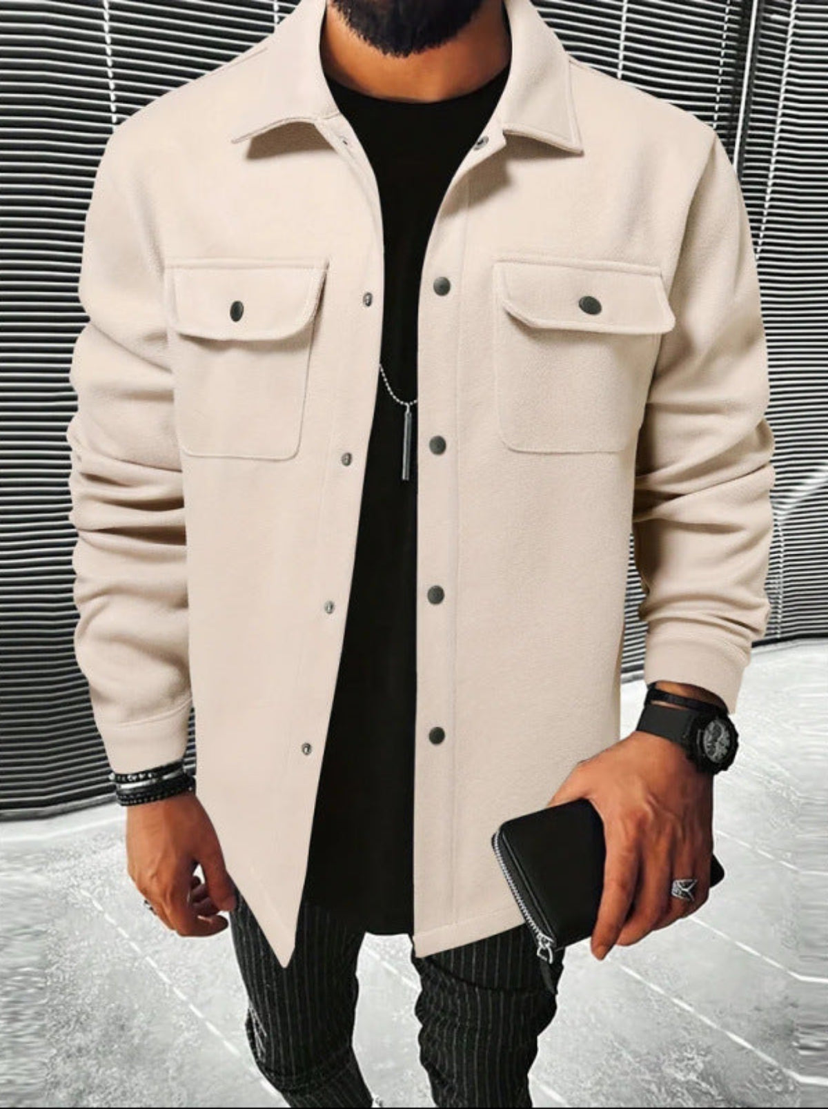 Warm Heren Shacket / Overhemdjas met Borstzakken