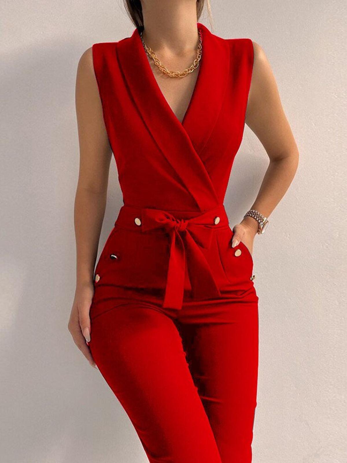 Elegante Lange Jumpsuit Met V - Hals En Comfortabele Pasvorm - Harlett