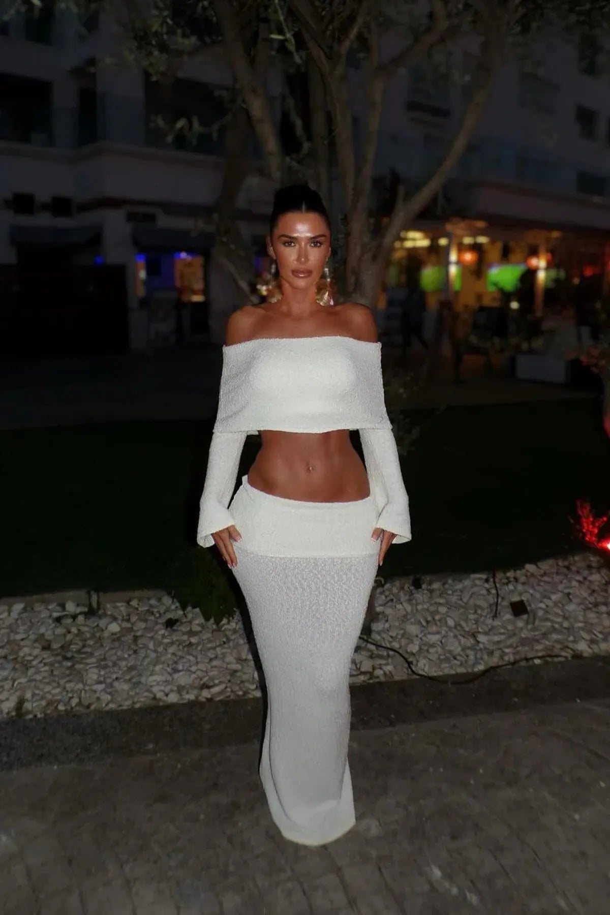 Gebreide Off - Shoulder Boucle Top & Maxi Rok Set - Harlett