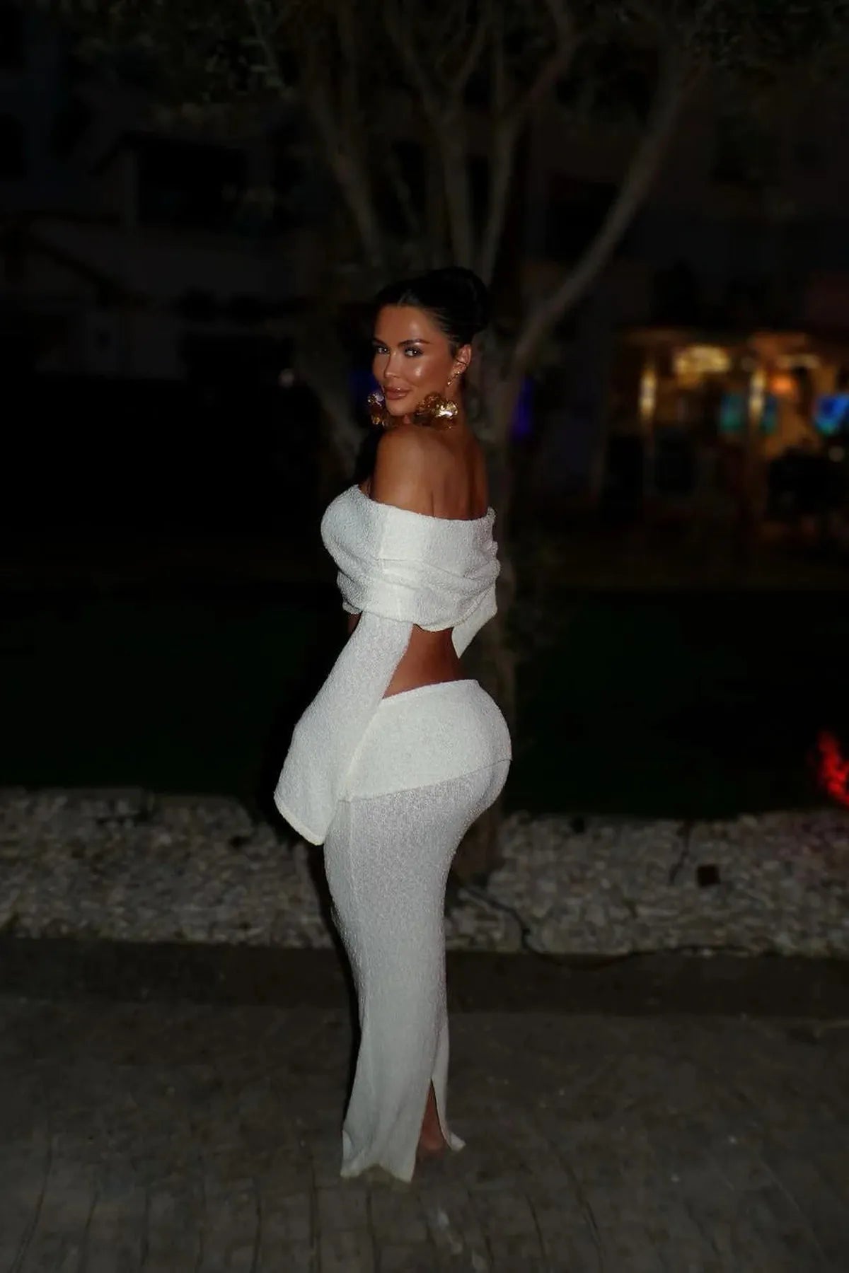 Gebreide Off - Shoulder Boucle Top & Maxi Rok Set - Harlett