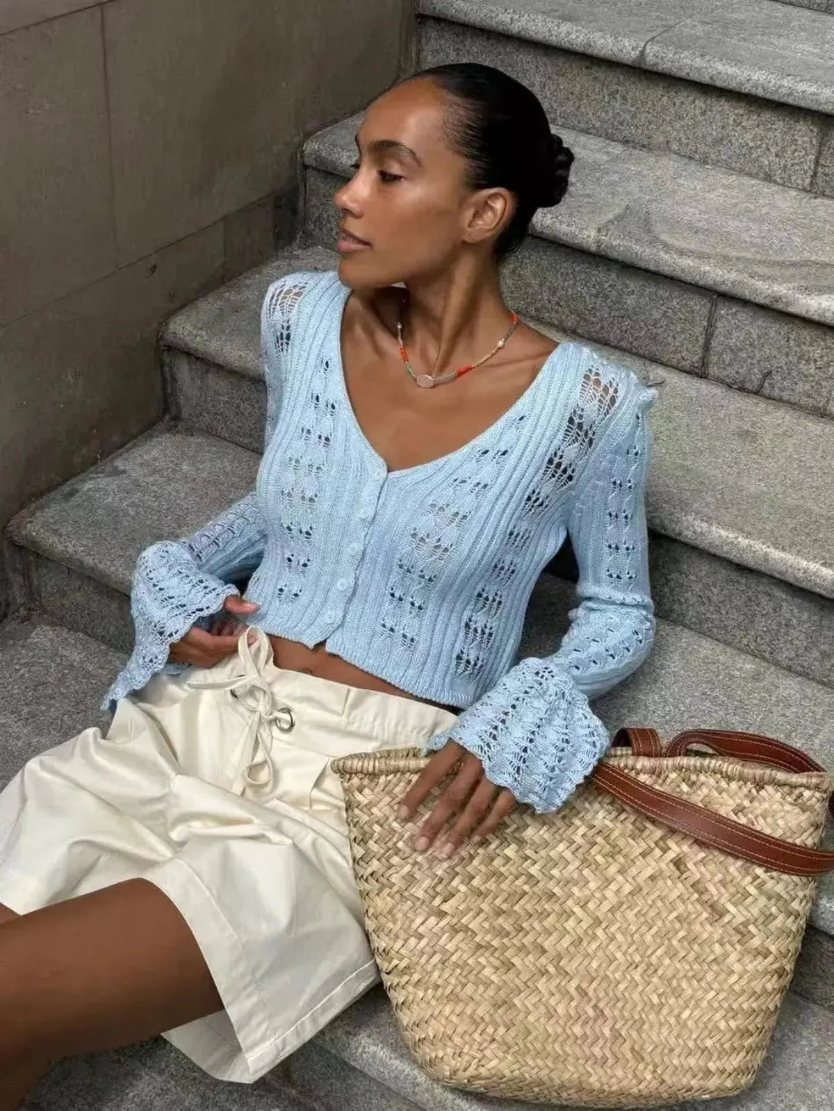 Gehaakte Cropped Vest Met Lange Mouwe - Harlett