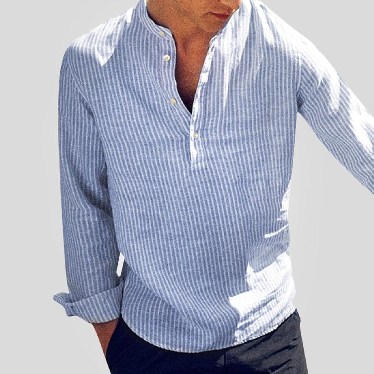 Gestreept Linnen Blend Henley Shirt met Bandkraag voor Mannen - Harlett