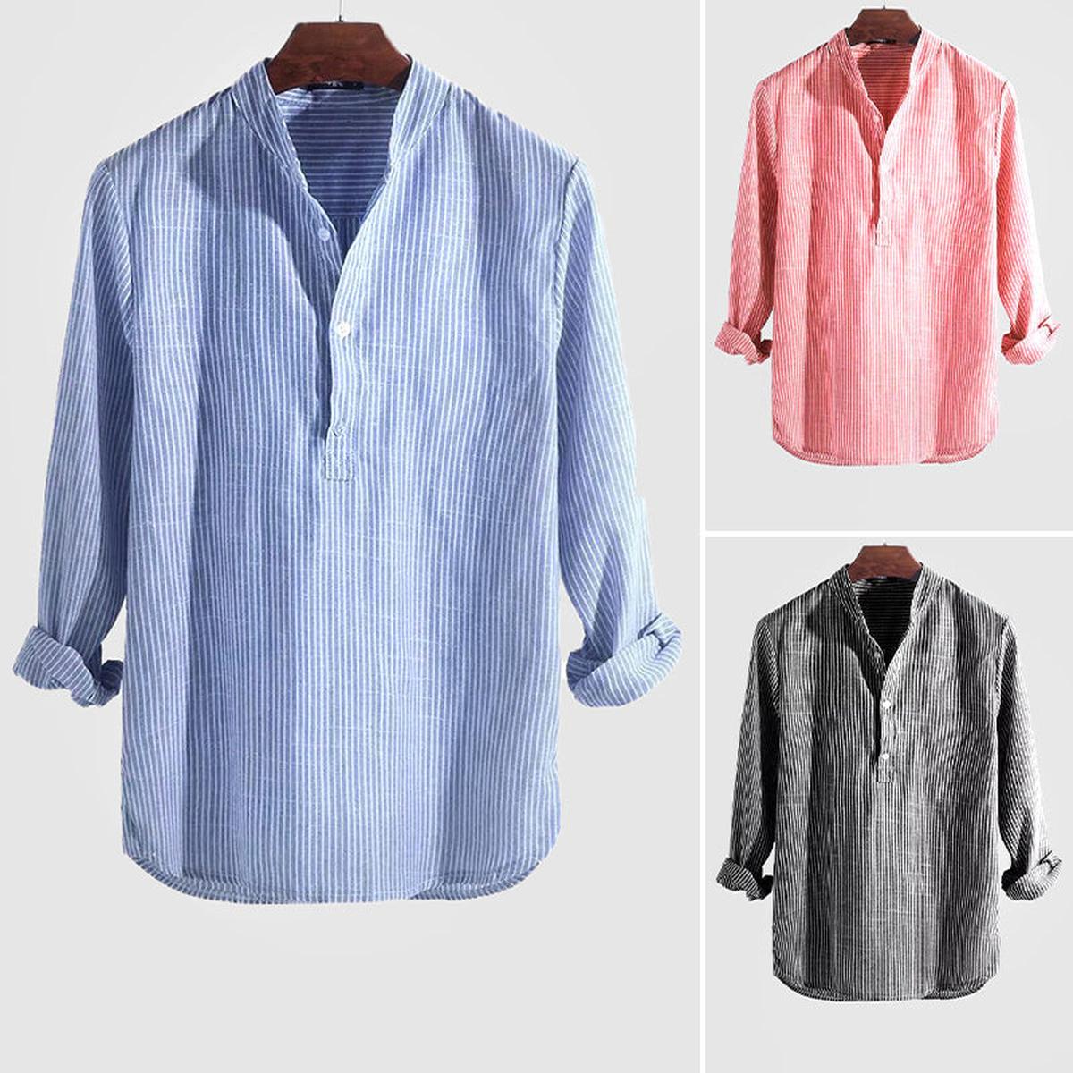 Gestreept Linnen Blend Henley Shirt met Bandkraag voor Mannen - Harlett