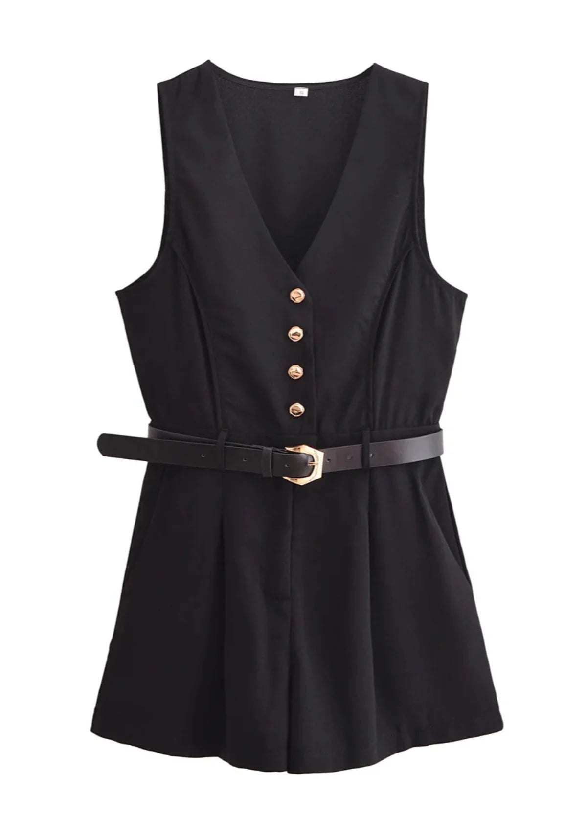 Gouden Knoopdetail Mini Jumpsuit met Taille Riem - Harlett