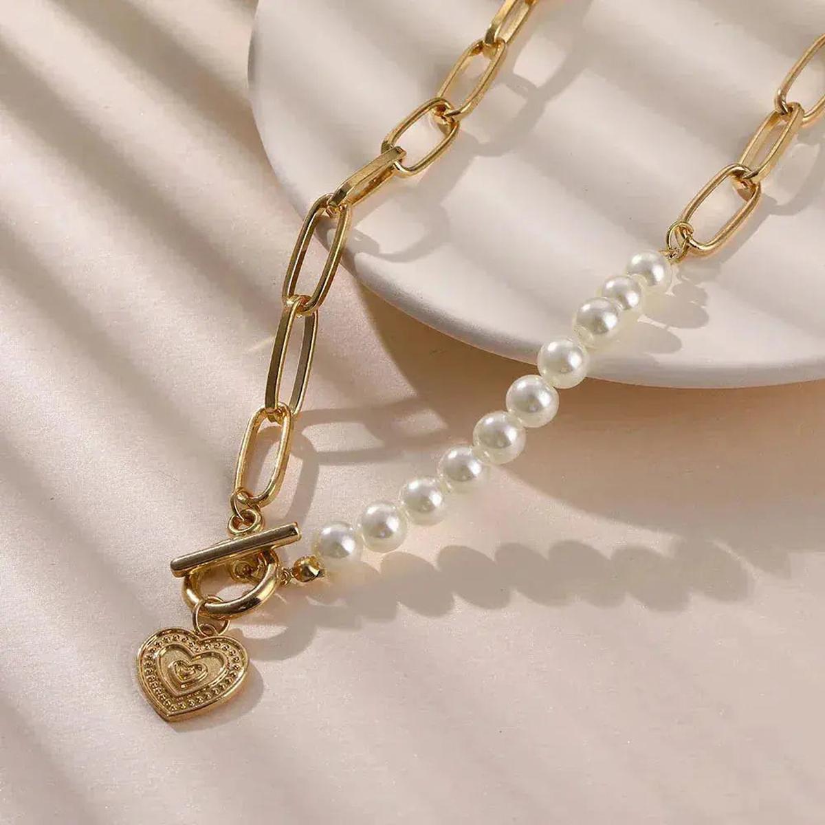Gouden Toon Parels Versierde Hart Hanger - Harlett