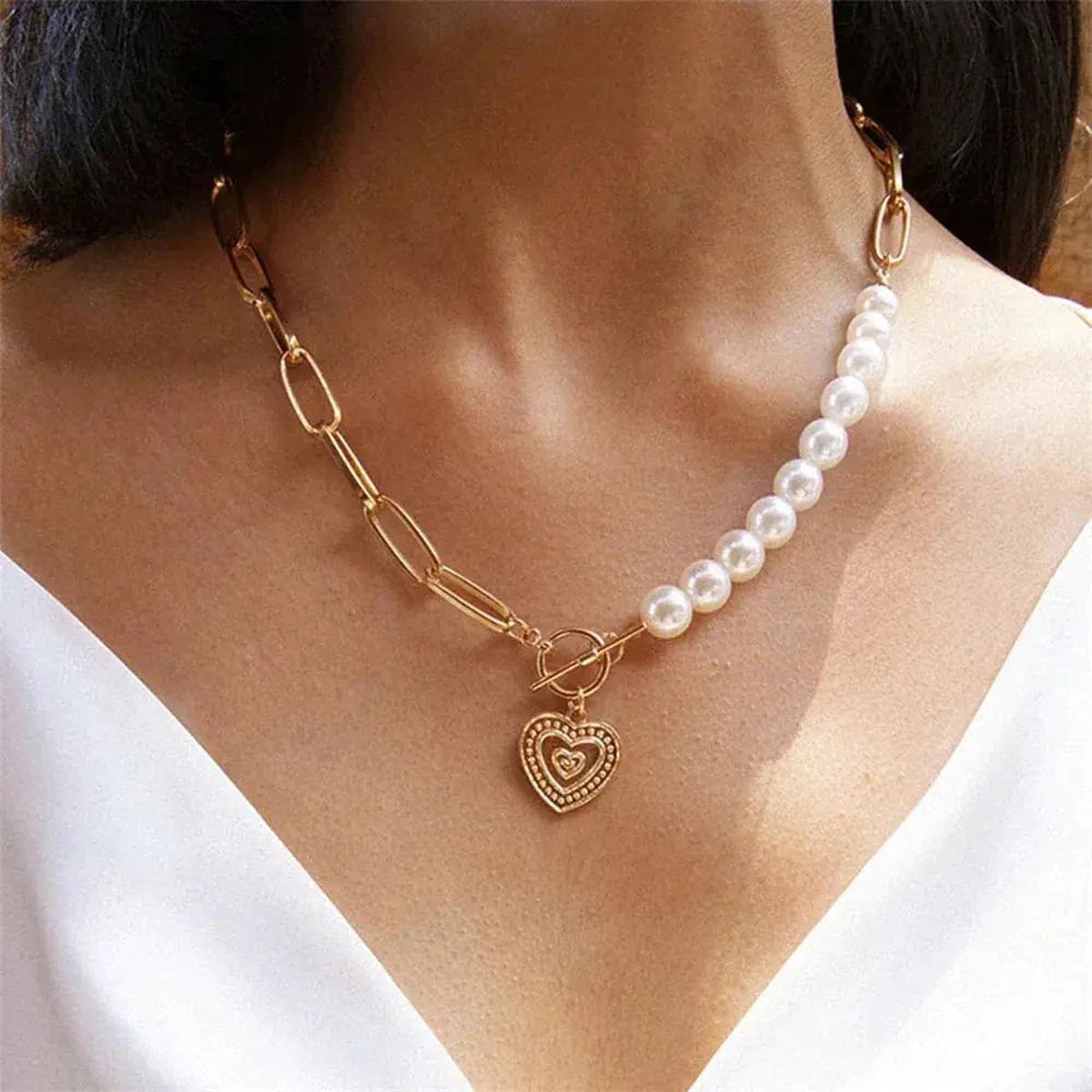 Gouden Toon Parels Versierde Hart Hanger - Harlett