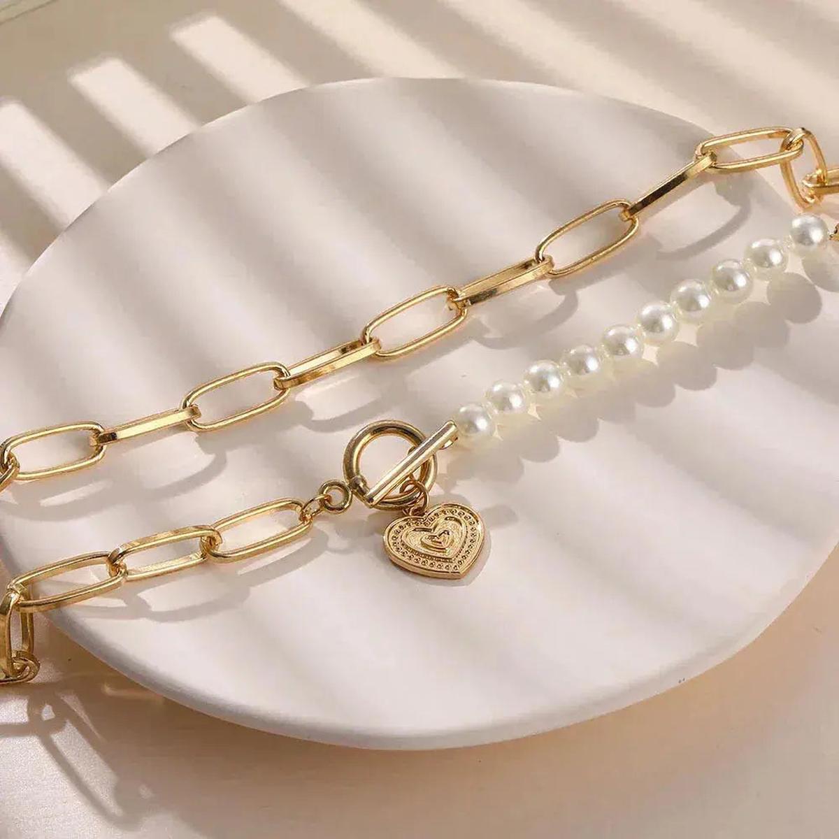 Gouden Toon Parels Versierde Hart Hanger - Harlett