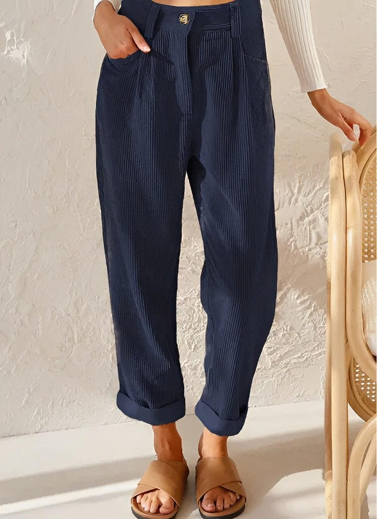 Hoge Taille Corduroy Dames Broek High Waist Cropped Model Comfortabele Fit - Harlett