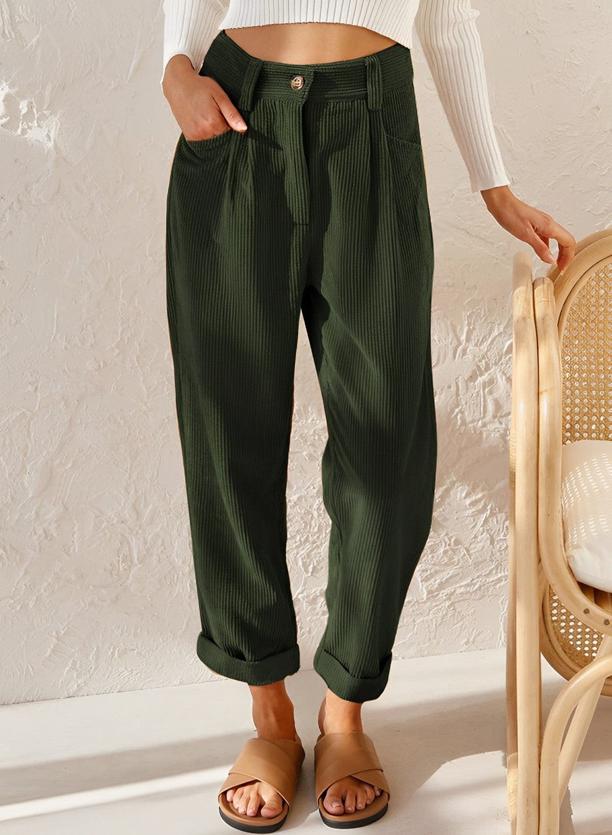 Hoge Taille Corduroy Dames Broek High Waist Cropped Model Comfortabele Fit - Harlett
