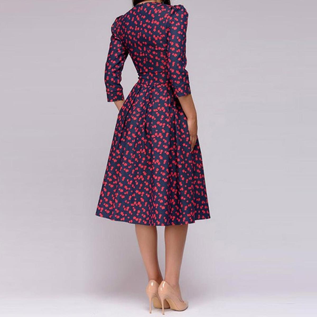 Retro Bloemenjurk Met 3/4 Pofmouwen Voor Vrouwelijke Elegantie - Harlett