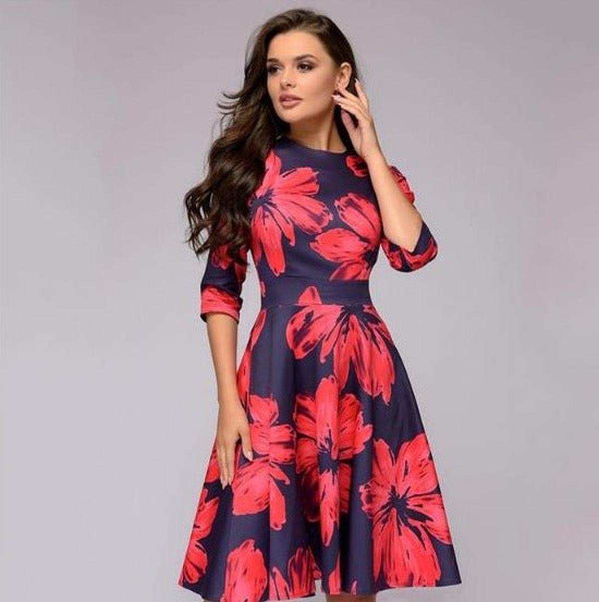 Retro Bloemenjurk Met 3/4 Pofmouwen Voor Vrouwelijke Elegantie - Harlett