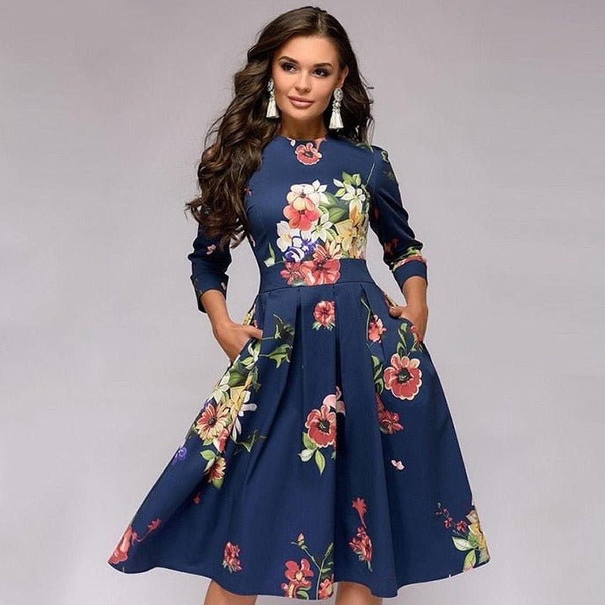 Retro Bloemenjurk Met 3/4 Pofmouwen Voor Vrouwelijke Elegantie - Harlett