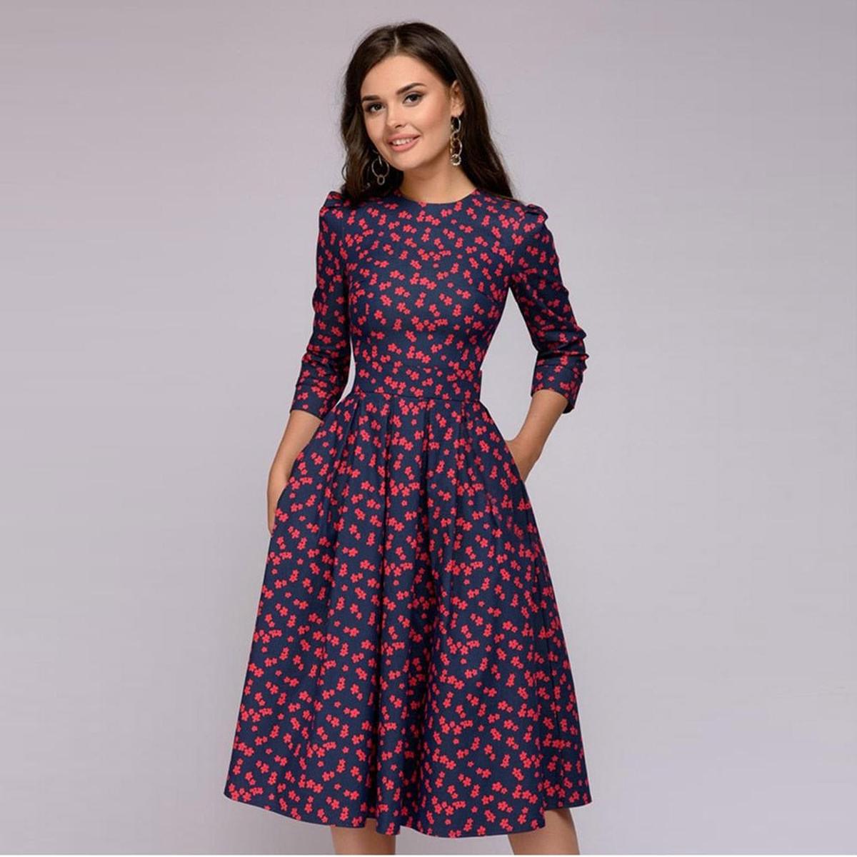 Retro Bloemenjurk Met 3/4 Pofmouwen Voor Vrouwelijke Elegantie - Harlett