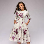 Retro Bloemenjurk Met 3/4 Pofmouwen Voor Vrouwelijke Elegantie - Harlett
