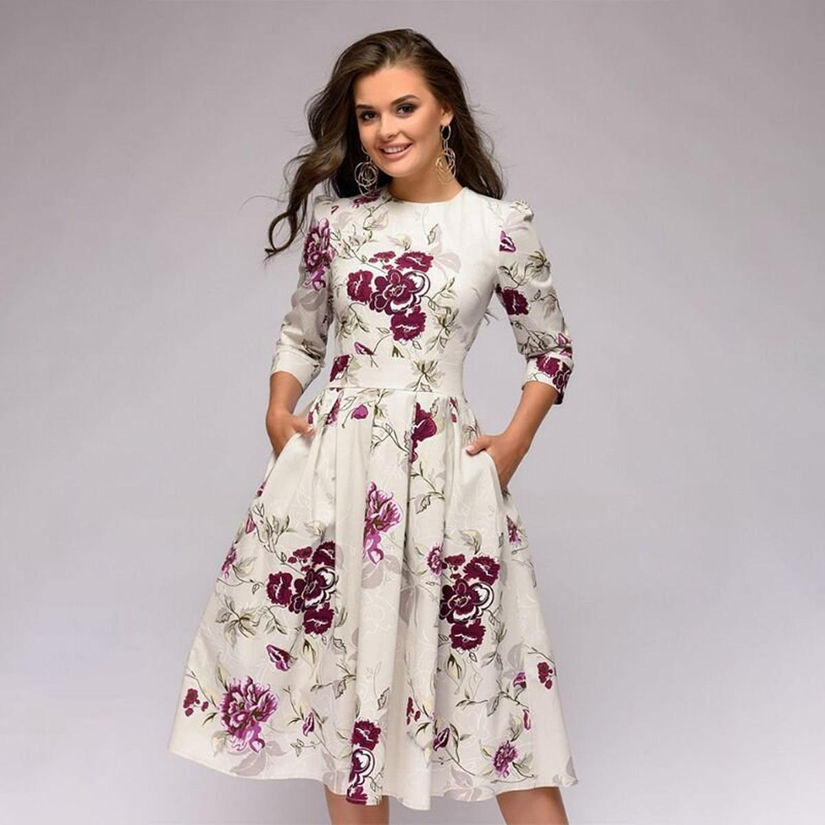 Retro Bloemenjurk Met 3/4 Pofmouwen Voor Vrouwelijke Elegantie - Harlett