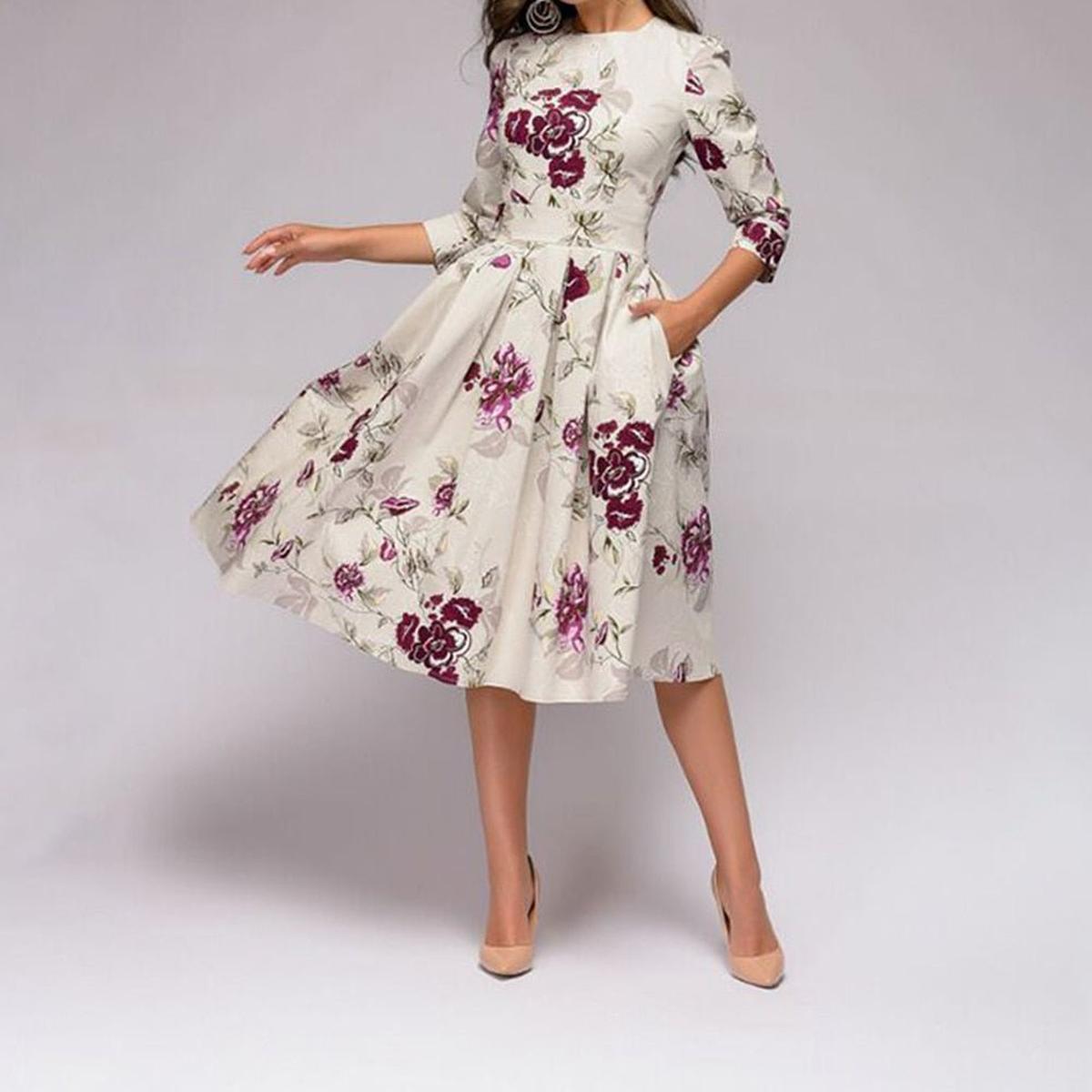 Retro Bloemenjurk Met 3/4 Pofmouwen Voor Vrouwelijke Elegantie - Harlett