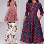 Retro Bloemenjurk Met 3/4 Pofmouwen Voor Vrouwelijke Elegantie - Harlett