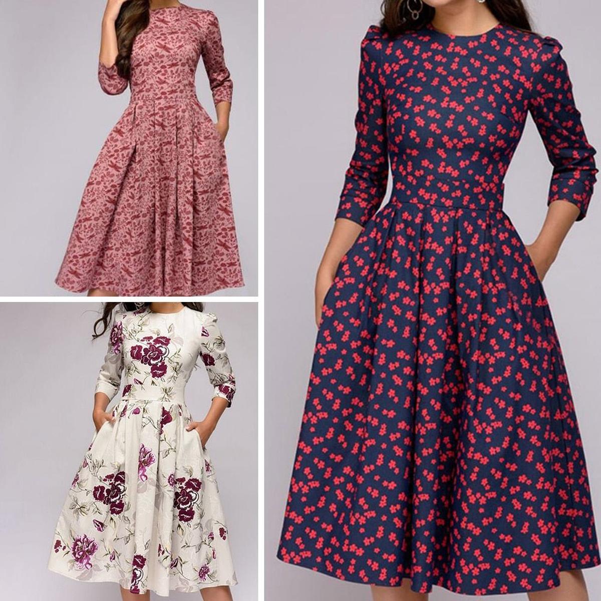 Retro Bloemenjurk Met 3/4 Pofmouwen Voor Vrouwelijke Elegantie - Harlett