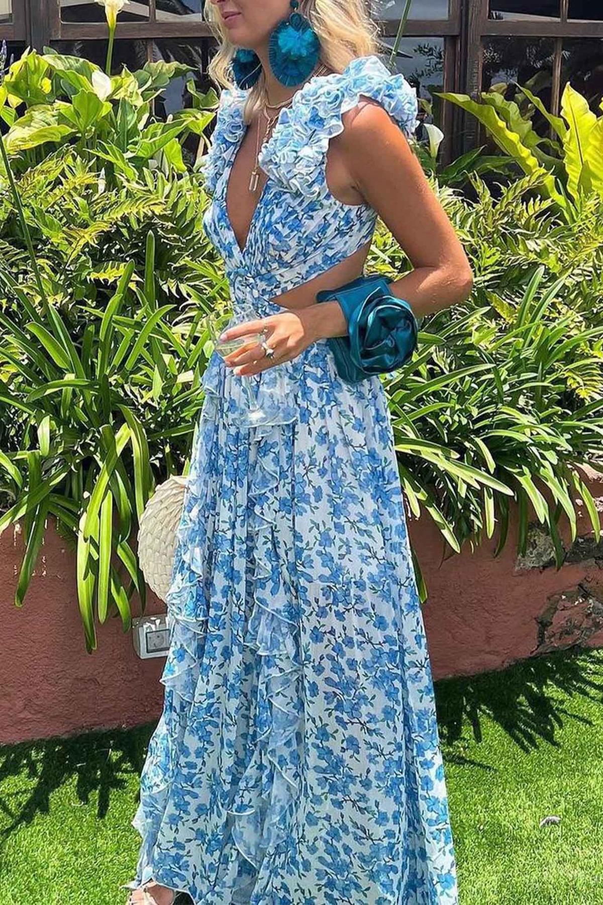 Ruches Mouwen Uitsnijding Taille Bloemige Maxi Jurk - Harlett